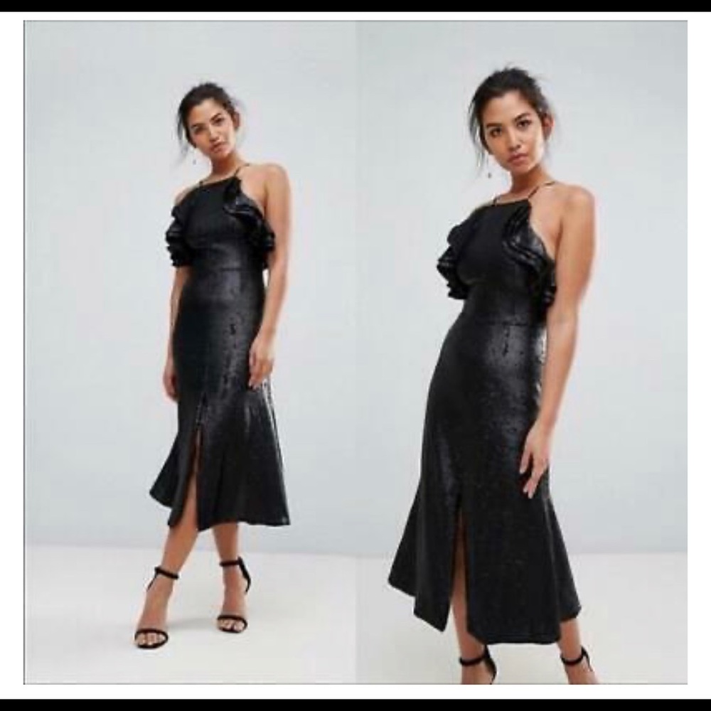 NEW C/Meo Collective BLACK Illuminated Sequin RUFFLE NECK Slit MIDI DRESS M